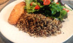 Quinoa pilaf, salad and roasted salmon